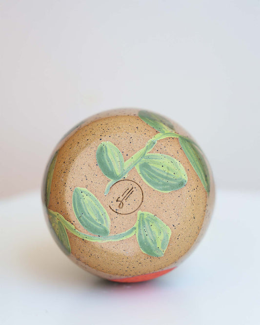 Round brown object with green leaf design on a white background